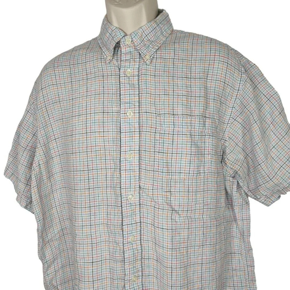 Brooks Brothers 346 Linen Button Down Shirt Men Size L Blue Multicolor Plaid